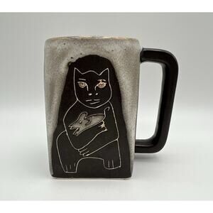 Design by Mara Stoneware Cat Themed 12oz Coffee Mug with Bird & Mouse Mexico